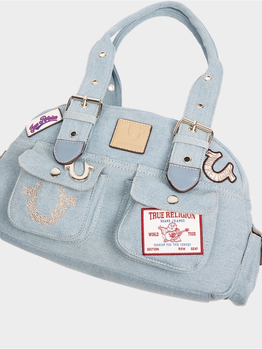TRUE RELIGION Multi-Patch Denim Satchel Bag NWT - Picture 2 of 16